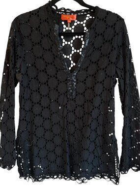 Hale Bob Vintage Cabana Black Lace Beaded Tunic Top, Size Medium